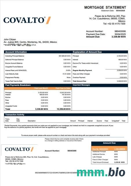 Meksyk Banco Covalto wyciąg z kredytu hipotecznego szablon Word i PDF